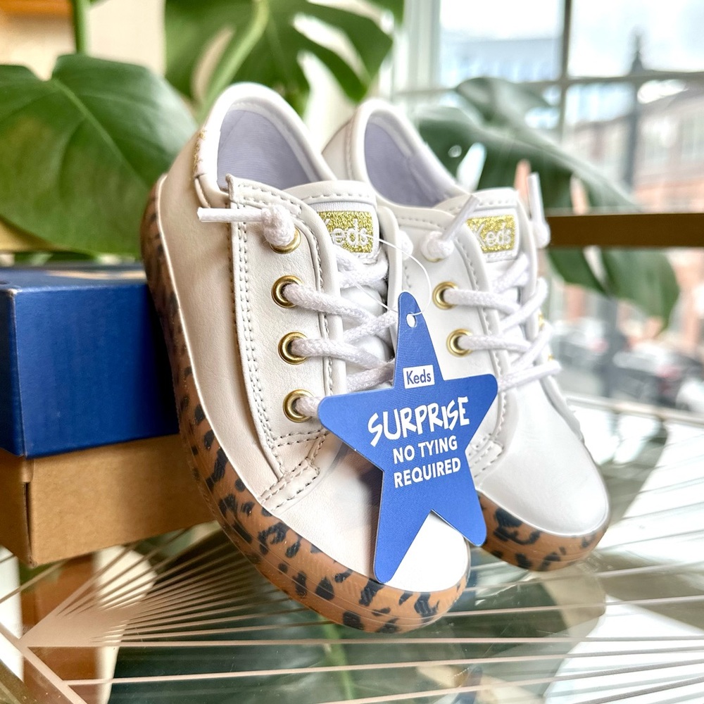 NWT Keds Special Edition Girls White, Gold & Leopard Sneakers w/ Velcro Size 6.5